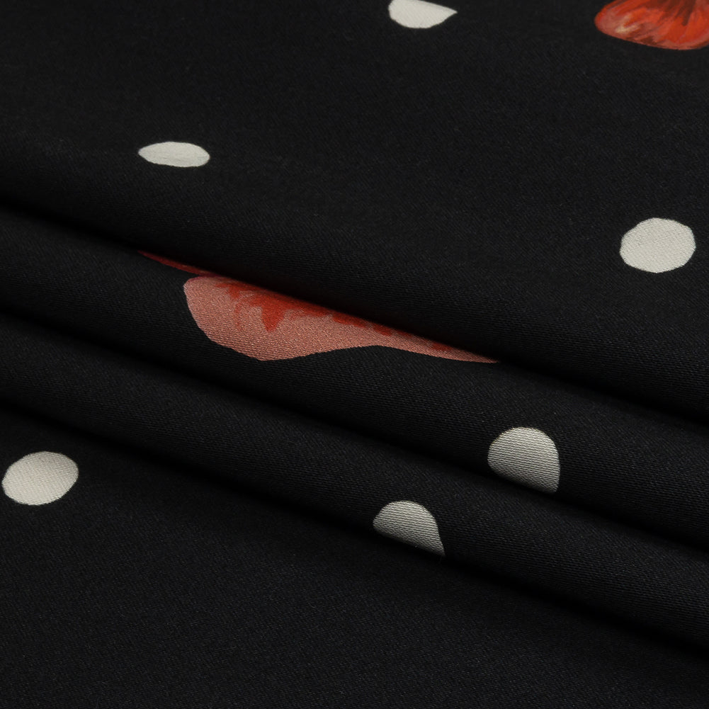 Stretch Cotton Sateen - Black Floral and Polka Dots - Treasures Renewed Print - Mood Exclusive Rockland Collection - Folded