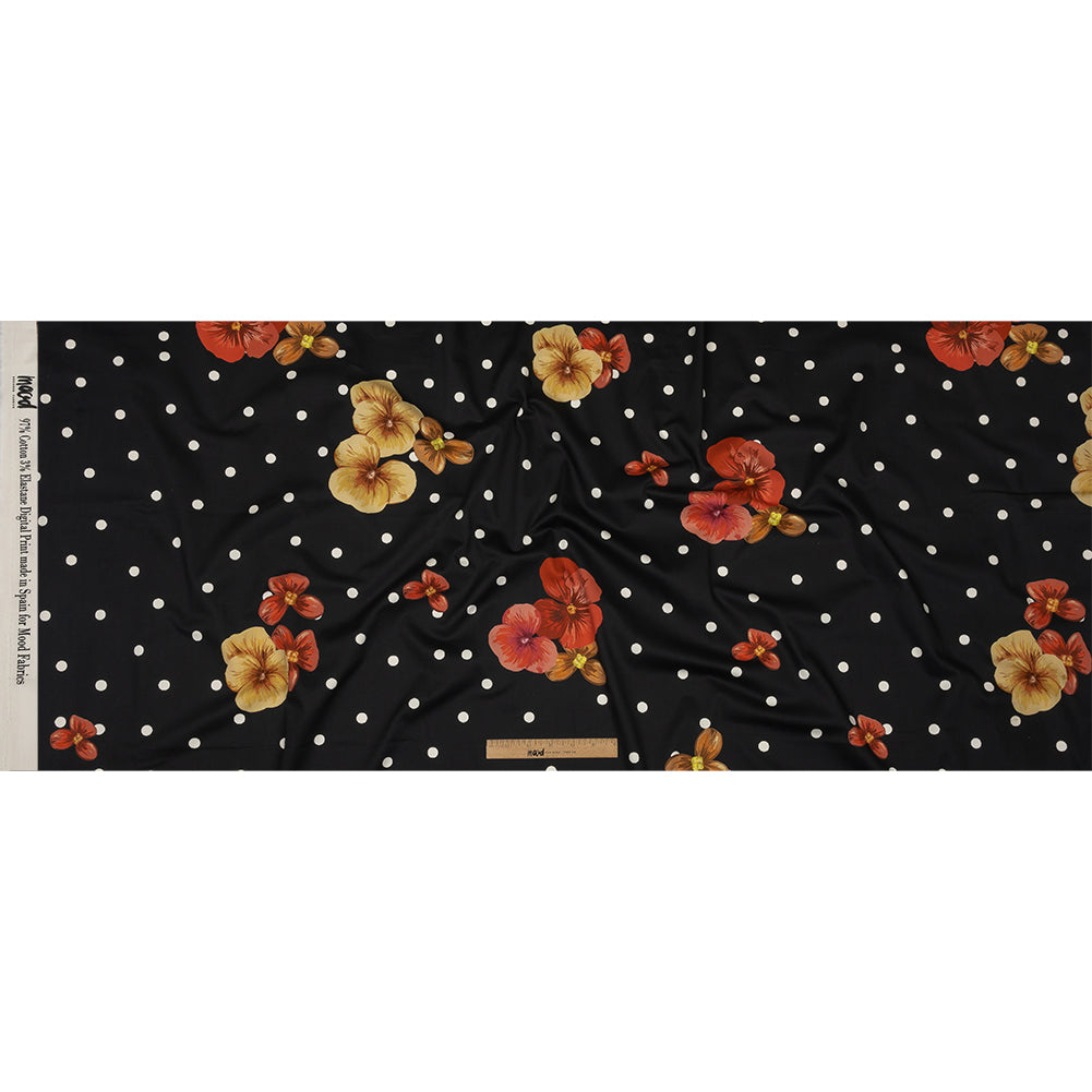 Stretch Cotton Sateen - Black Floral and Polka Dots - Treasures Renewed Print - Mood Exclusive Rockland Collection - Full