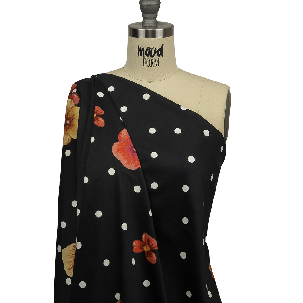 Stretch Cotton Sateen - Black Floral and Polka Dots - Treasures Renewed Print - Mood Exclusive Rockland Collection - Drape