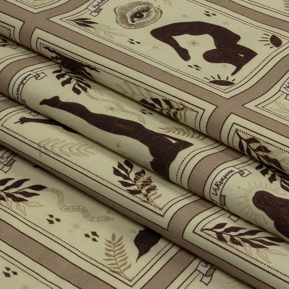 Stretch Cotton Sateen - Beige and Brown Yoga Cards - Finding Balance Print - Mood Exclusive Rockland Collection - Folded