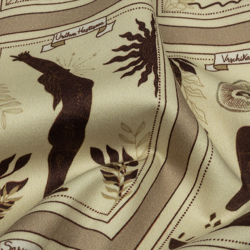 Stretch Cotton Sateen - Beige and Brown Yoga Cards - Finding Balance Print - Mood Exclusive Rockland Collection - Detail