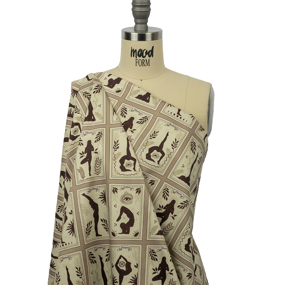 Stretch Cotton Sateen - Beige and Brown Yoga Cards - Finding Balance Print - Mood Exclusive Rockland Collection - Drape