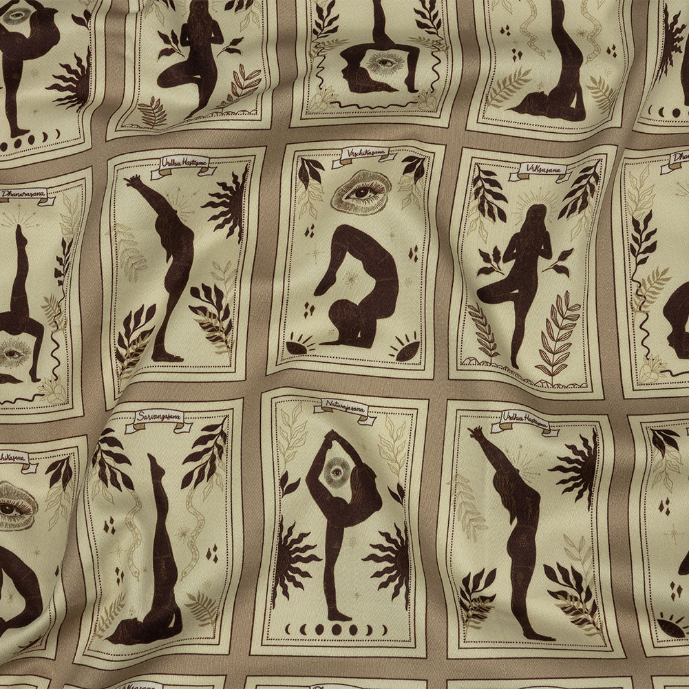 Stretch Cotton Sateen - Beige and Brown Yoga Cards - Finding Balance Print - Mood Exclusive Rockland Collection