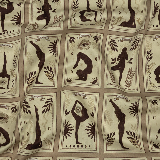 Stretch Cotton Sateen - Beige and Brown Yoga Cards - Finding Balance Print - Mood Exclusive Rockland Collection