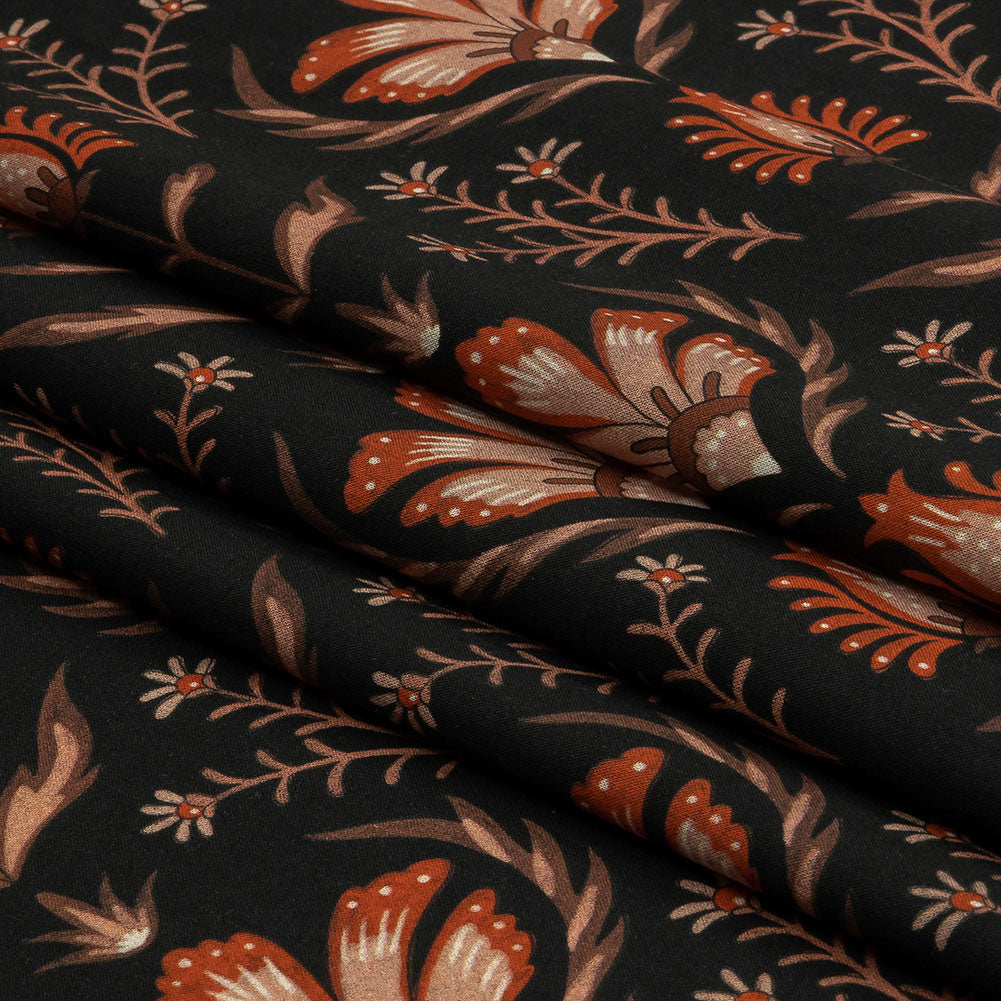 Cotton Voile - Black and Orange Floral - Watching the Fire Print - Mood Exclusive Rockland Collection - Folded