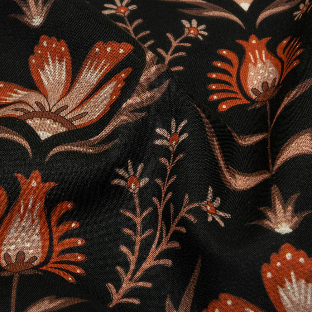 Cotton Voile - Black and Orange Floral - Watching the Fire Print - Mood Exclusive Rockland Collection - Detail