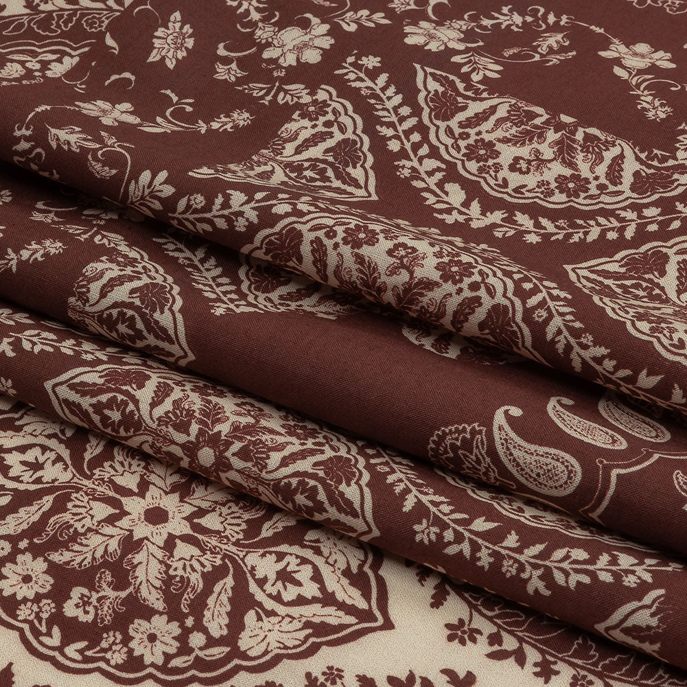 Cotton Voile Panel - Beige and Burgundy Paisley - Impressions in Time Print - Mood Exclusive Rockland Collection - Folded