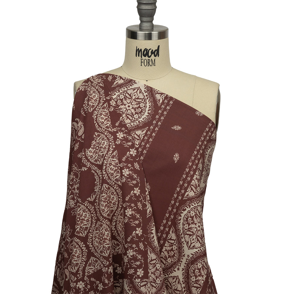 Cotton Voile Panel - Beige and Burgundy Paisley - Impressions in Time Print - Mood Exclusive Rockland Collection - Drape