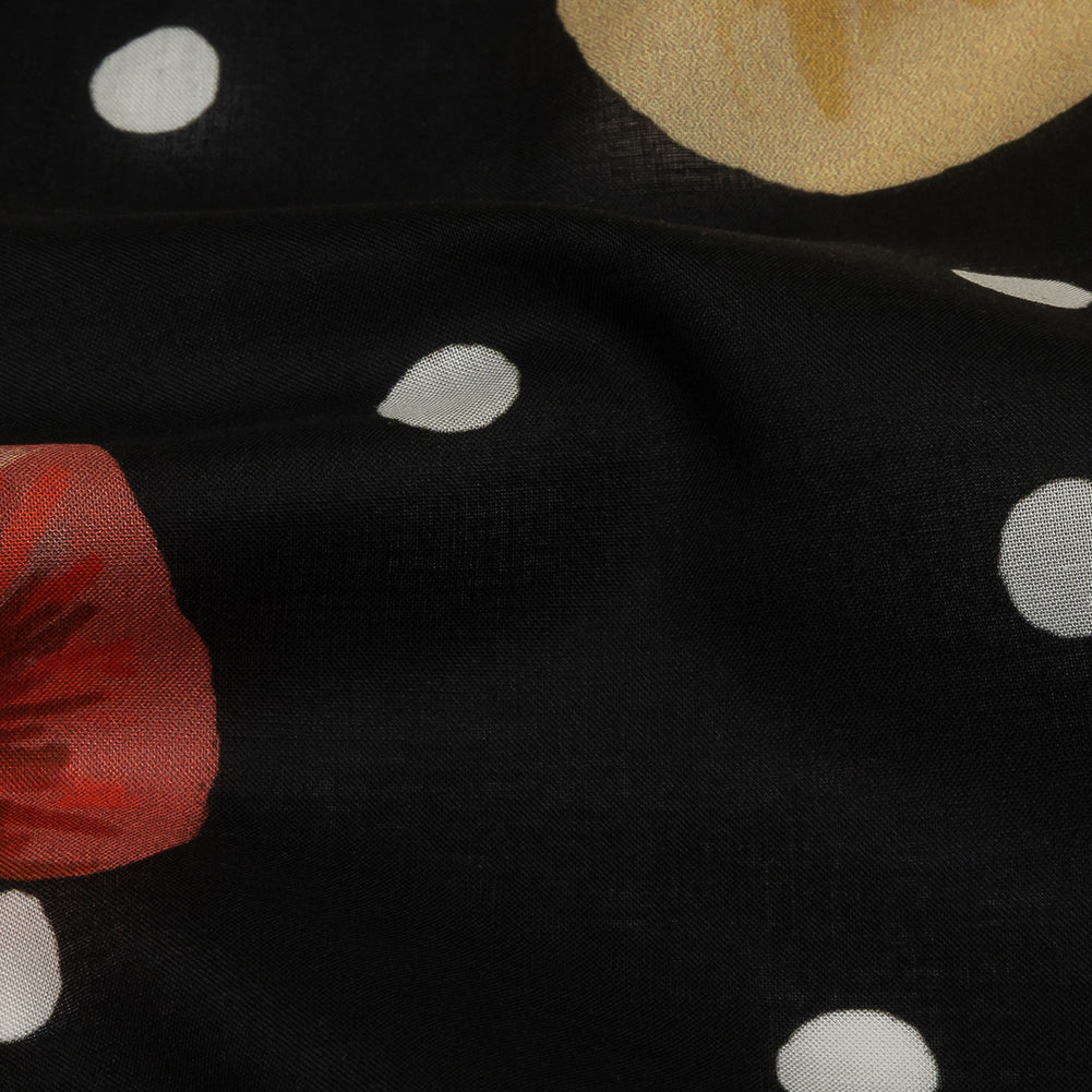 Cotton Voile - Black Floral and Polka Dots - Treasures Renewed Print - Mood Exclusive Rockland Collection - Detail