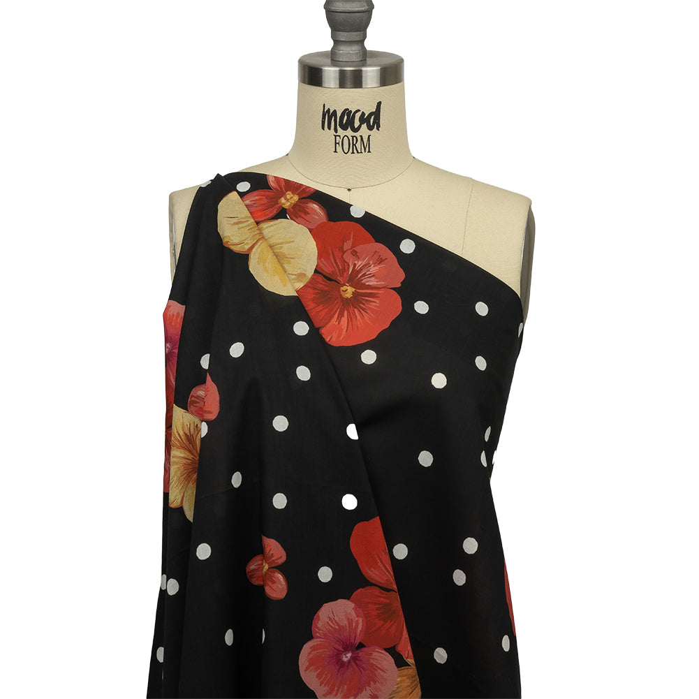 Cotton Voile - Black Floral and Polka Dots - Treasures Renewed Print - Mood Exclusive Rockland Collection - Drape