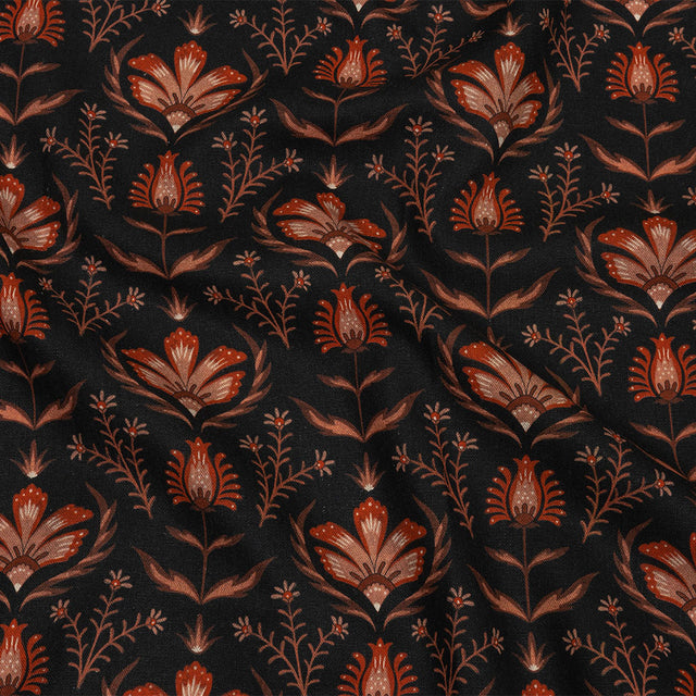 Linen and Rayon Woven - Black and Orange Floral - Watching the Fire Print - Mood Exclusive Rockland Collection