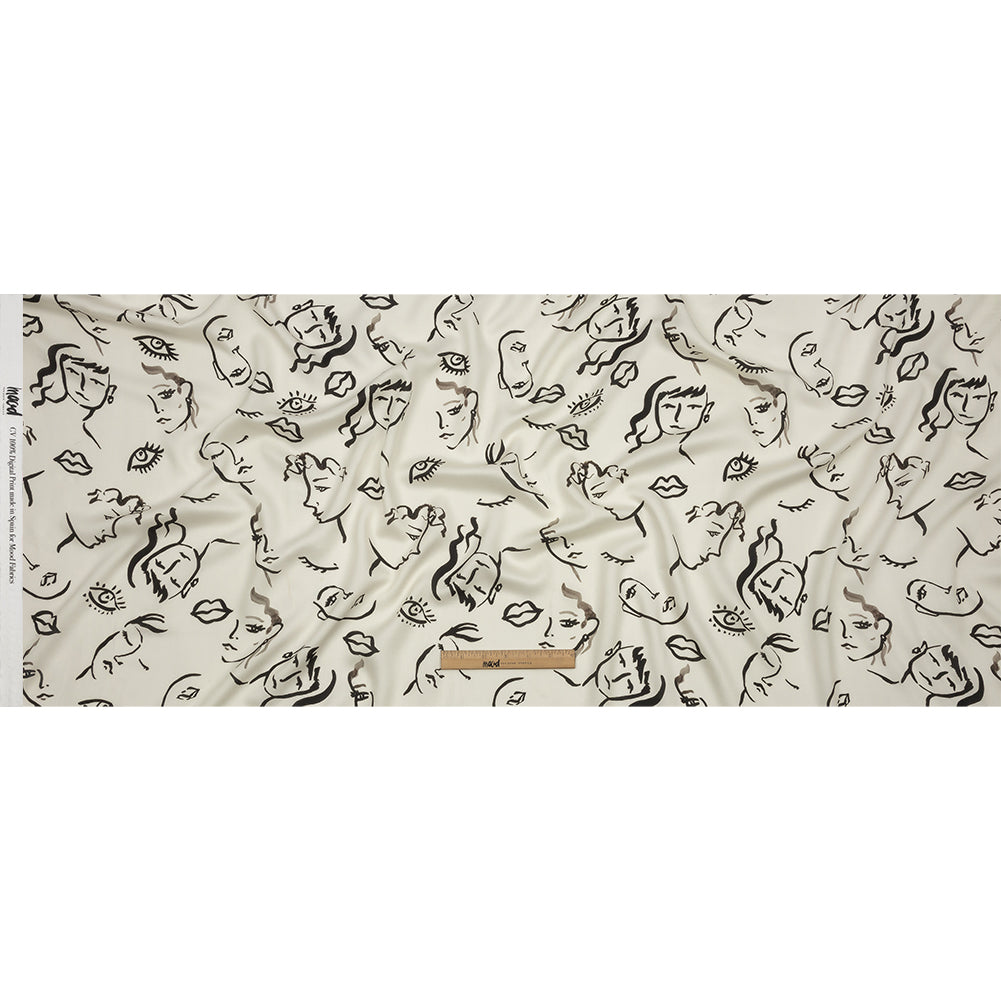 Rayon Challis - Black and White Face Drawings - Everyday Runway Print - Mood Exclusive Metro Collection - Full
