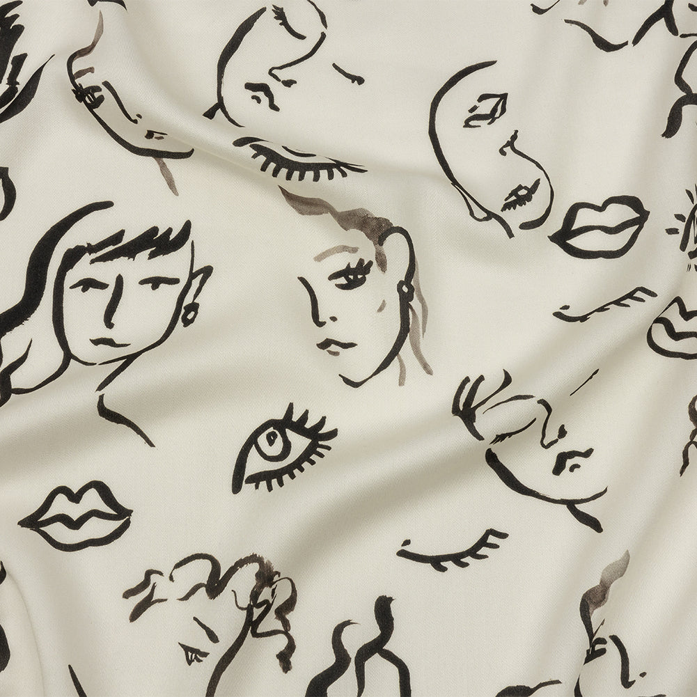Rayon Challis - Black and White Face Drawings - Everyday Runway Print - Mood Exclusive Metro Collection