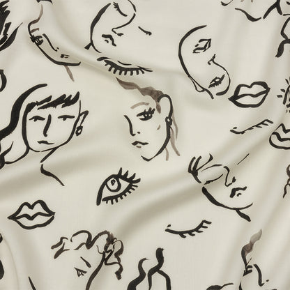 Rayon Challis - Black and White Face Drawings - Everyday Runway Print - Mood Exclusive Metro Collection