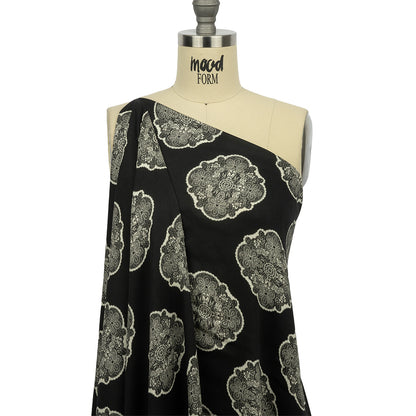 Rayon Challis - Black Lacy Medallions - Cathedral Windows Print - Mood Exclusive Metro Collection