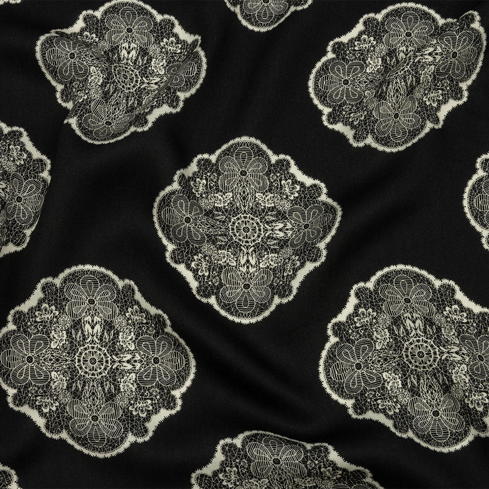 Rayon Challis - Black Lacy Medallions - Cathedral Windows Print - Mood Exclusive Metro Collection