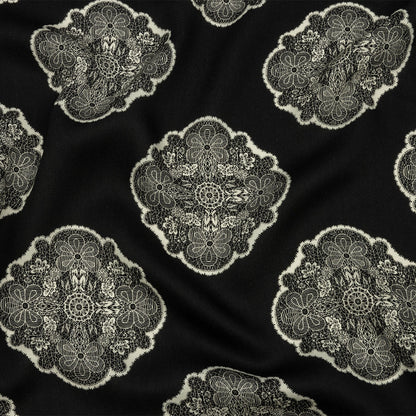 Rayon Challis - Black Lacy Medallions - Cathedral Windows Print - Mood Exclusive Metro Collection