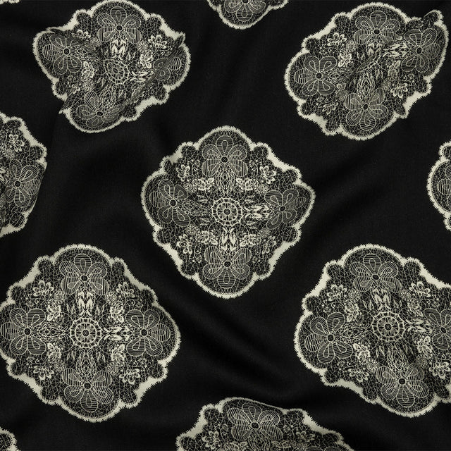 Rayon Challis - Black Lacy Medallions - Cathedral Windows Print - Mood Exclusive Metro Collection