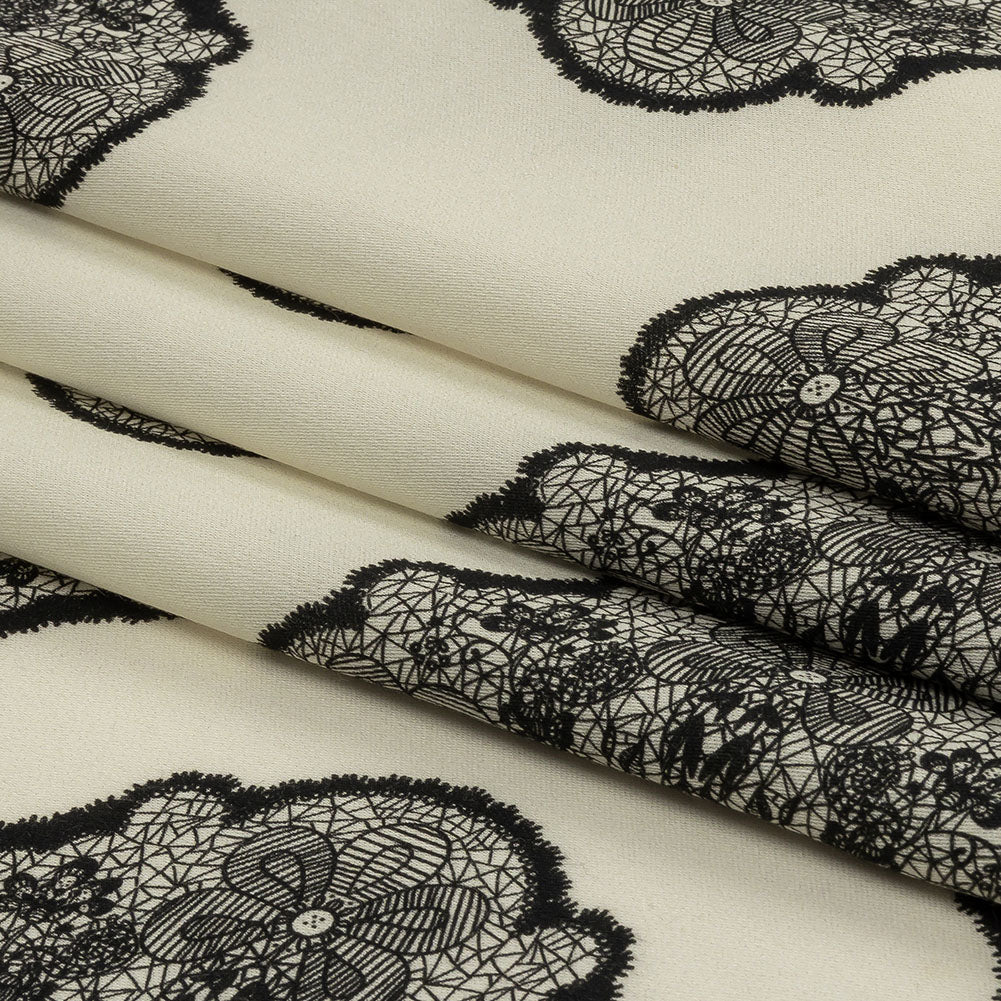 Rayon Challis - White Lacy Medallions - Cathedral Windows Print - Mood Exclusive Metro Collection - Folded