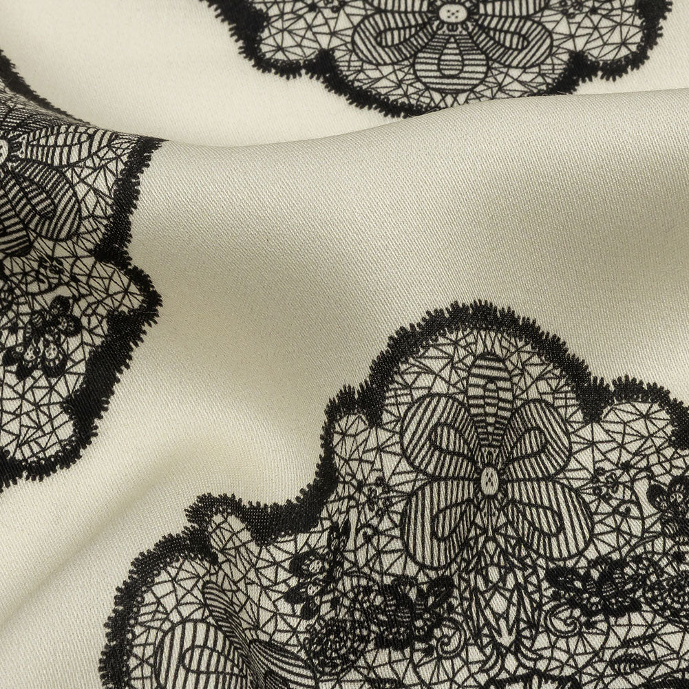 Rayon Challis - White Lacy Medallions - Cathedral Windows Print - Mood Exclusive Metro Collection - Detail