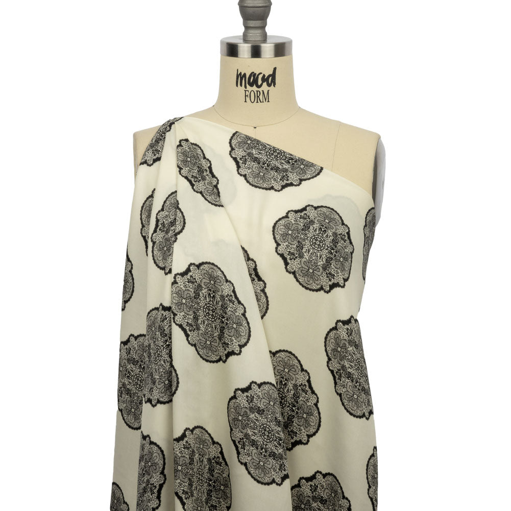 Rayon Challis - White Lacy Medallions - Cathedral Windows Print - Mood Exclusive Metro Collection - Drape