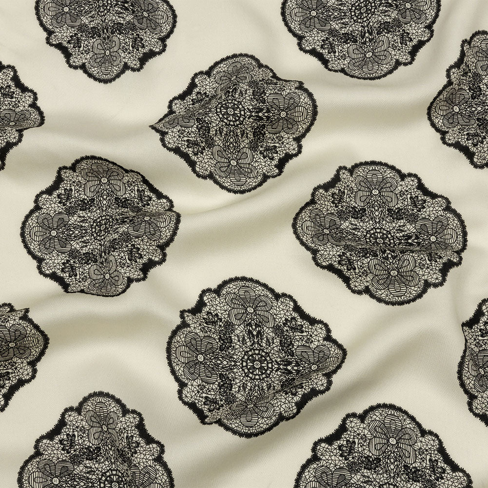 Rayon Challis - White Lacy Medallions - Cathedral Windows Print - Mood Exclusive Metro Collection