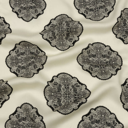 Rayon Challis - White Lacy Medallions - Cathedral Windows Print - Mood Exclusive Metro Collection