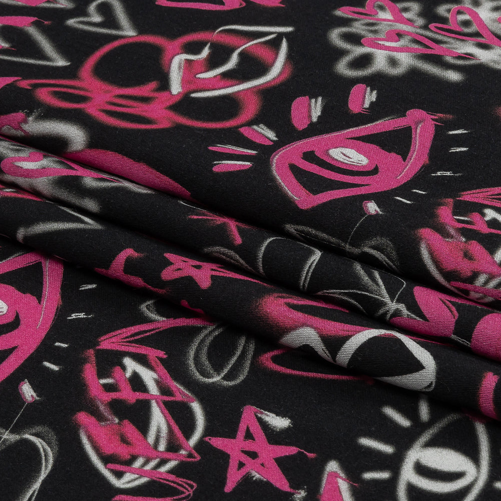Rayon Challis - Pink and Black Graffiti Doodles - Spontaneous Collaboration Print - Mood Exclusive Metro Collection - Folded