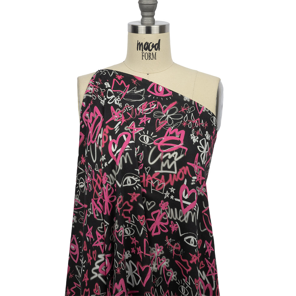 Rayon Challis - Pink and Black Graffiti Doodles - Spontaneous Collaboration Print - Mood Exclusive Metro Collection - Drape