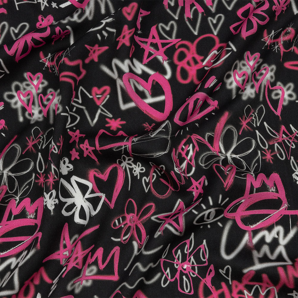 Rayon Challis - Pink and Black Graffiti Doodles - Spontaneous Collaboration Print - Mood Exclusive Metro Collection