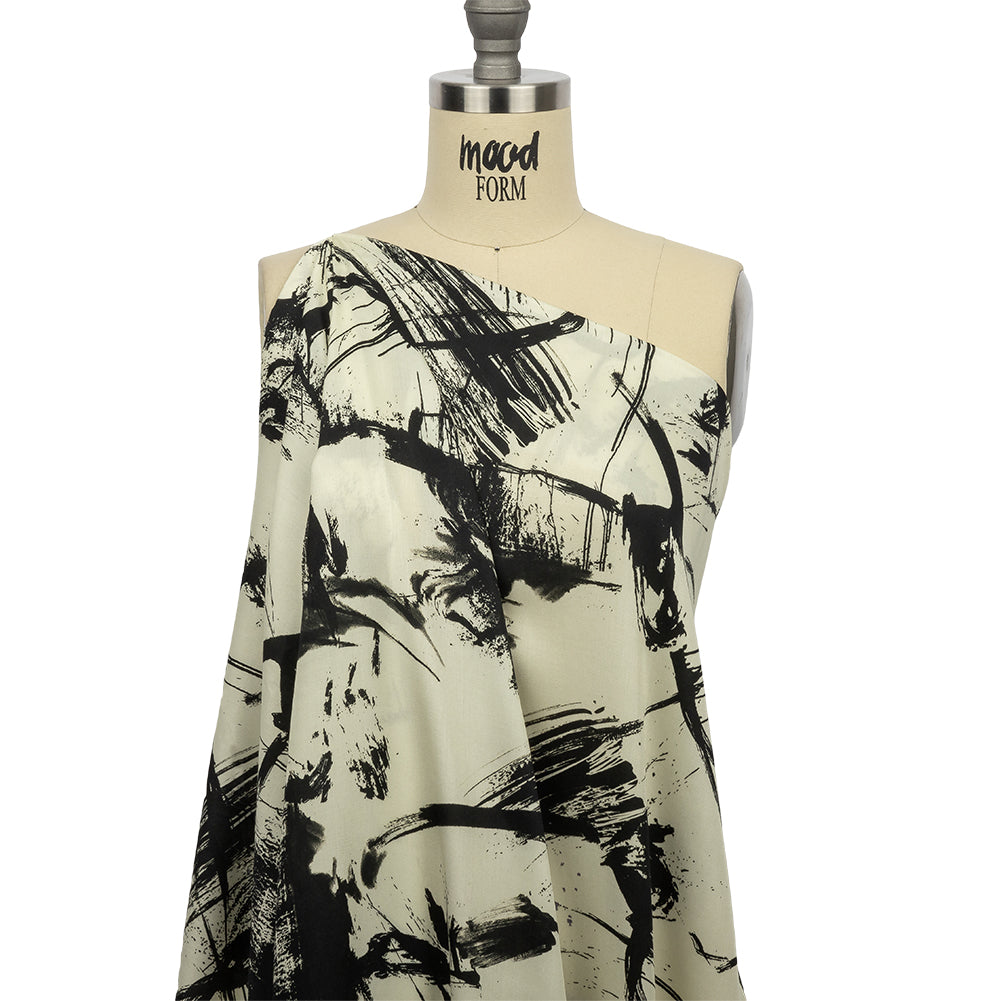 Rayon Challis - Black and White Abstract - Subway Lines Print - Mood Exclusive Metro Collection - Drape