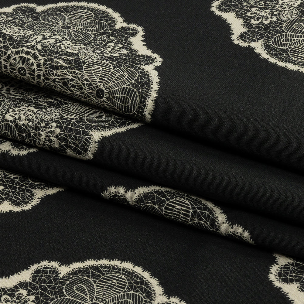 Stretch Cotton Sateen - Black Lacy Medallions - Cathedral Windows Print - Mood Exclusive Metro Collection - Folded
