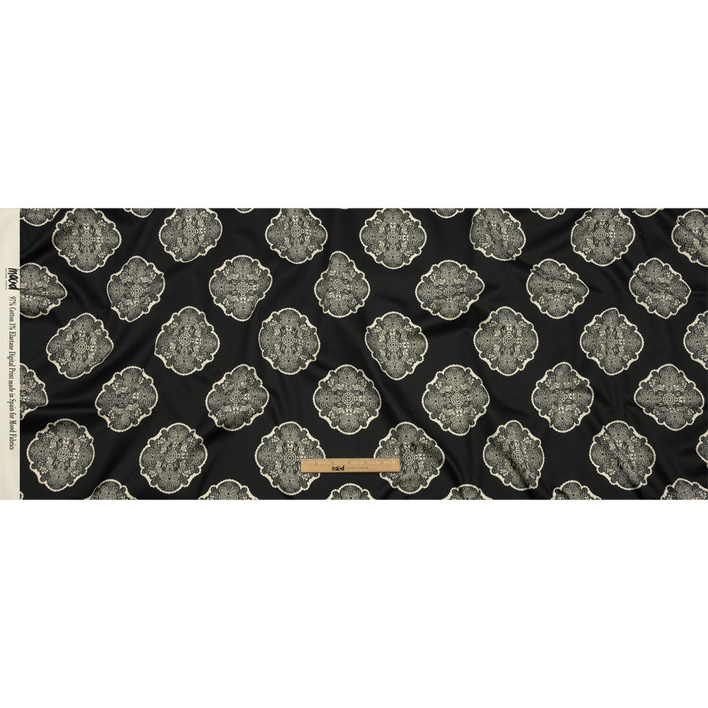 Stretch Cotton Sateen - Black Lacy Medallions - Cathedral Windows Print - Mood Exclusive Metro Collection - Full