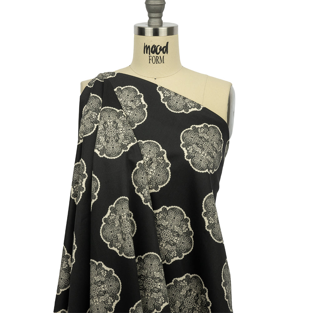 Stretch Cotton Sateen - Black Lacy Medallions - Cathedral Windows Print - Mood Exclusive Metro Collection - Drape