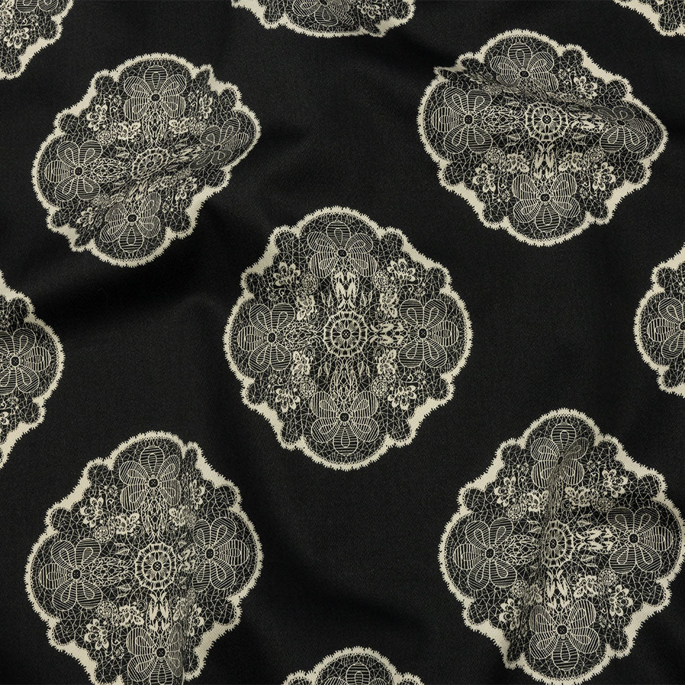 Stretch Cotton Sateen - Black Lacy Medallions - Cathedral Windows Print - Mood Exclusive Metro Collection