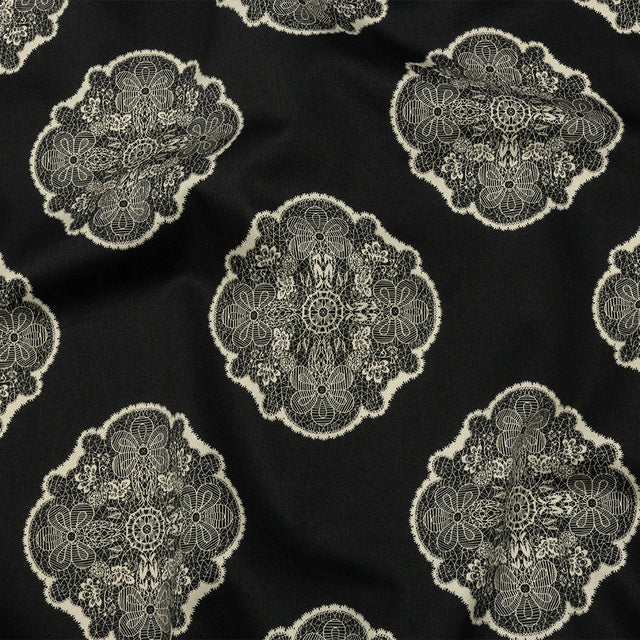 Stretch Cotton Sateen - Black Lacy Medallions - Cathedral Windows Print - Mood Exclusive Metro Collection