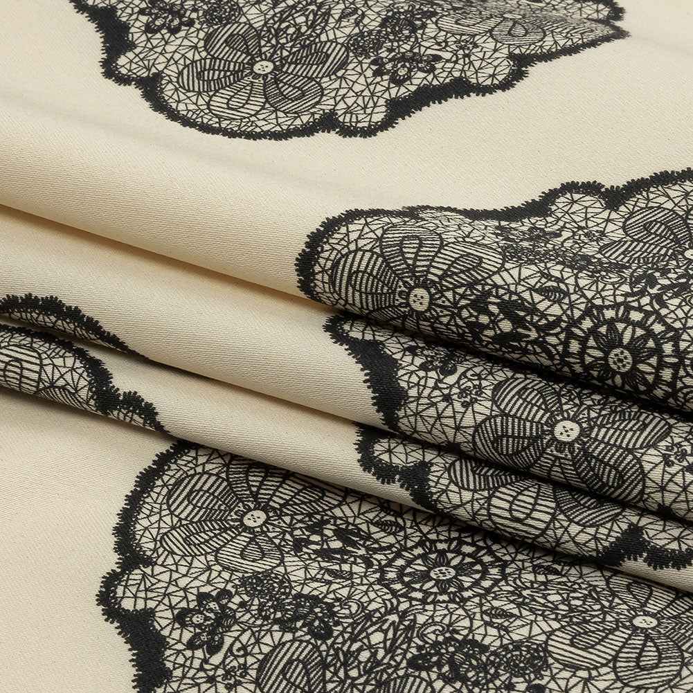 Stretch Cotton Sateen - White Lacy Medallions - Cathedral Windows Print - Mood Exclusive Metro Collection - Folded