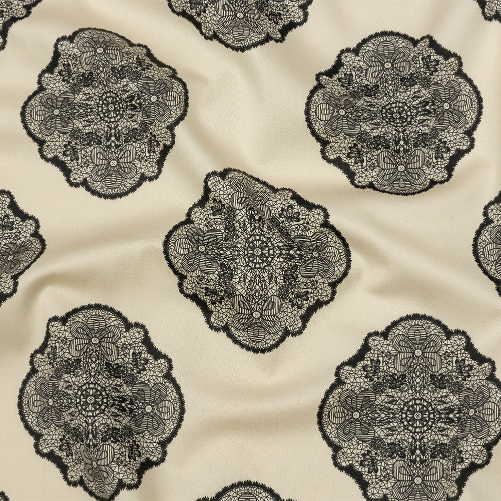 Stretch Cotton Sateen - White Lacy Medallions - Cathedral Windows Print - Mood Exclusive Metro Collection