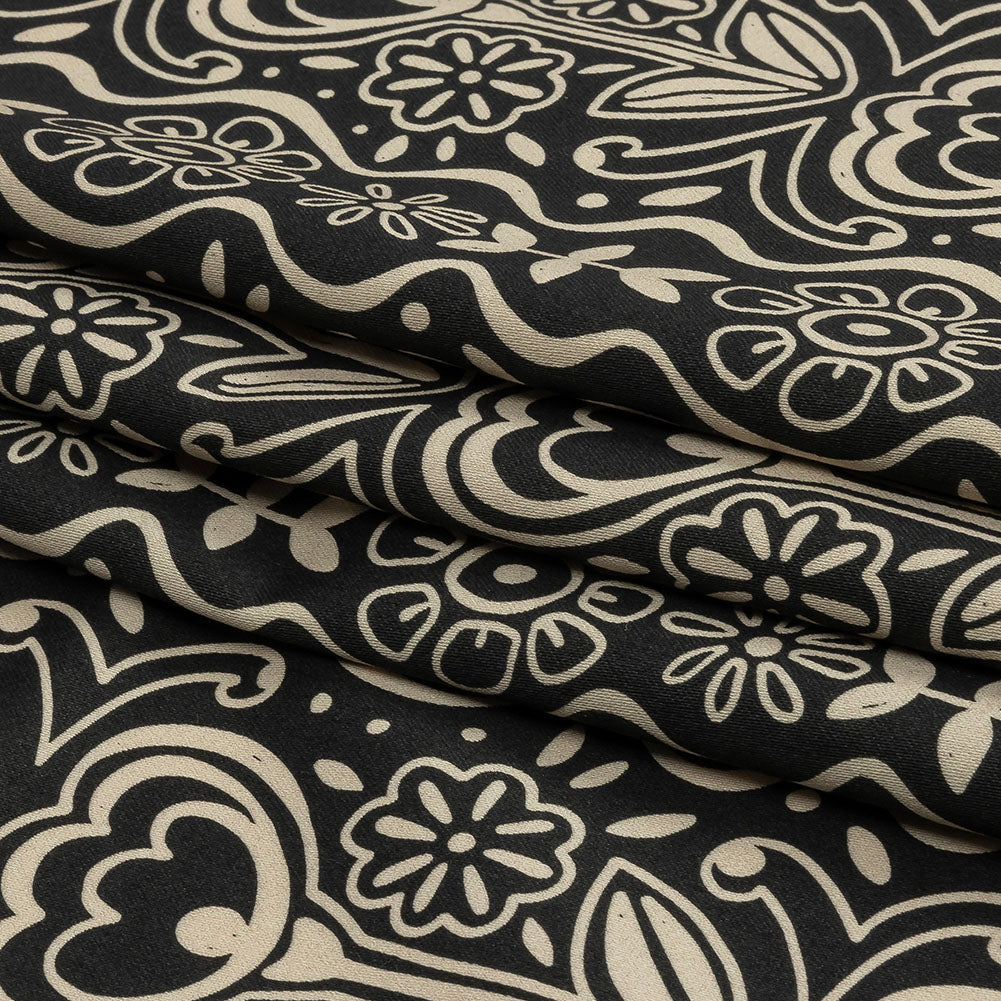 Stretch Cotton Sateen - Black and White Floral Rows - Park Avenue Print - Mood Exclusive Metro Collection - Folded