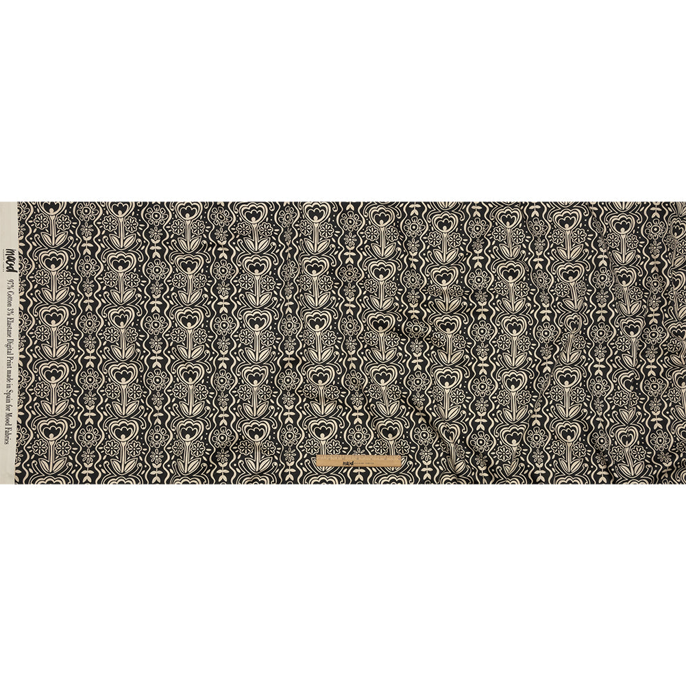 Stretch Cotton Sateen - Black and White Floral Rows - Park Avenue Print - Mood Exclusive Metro Collection - Full