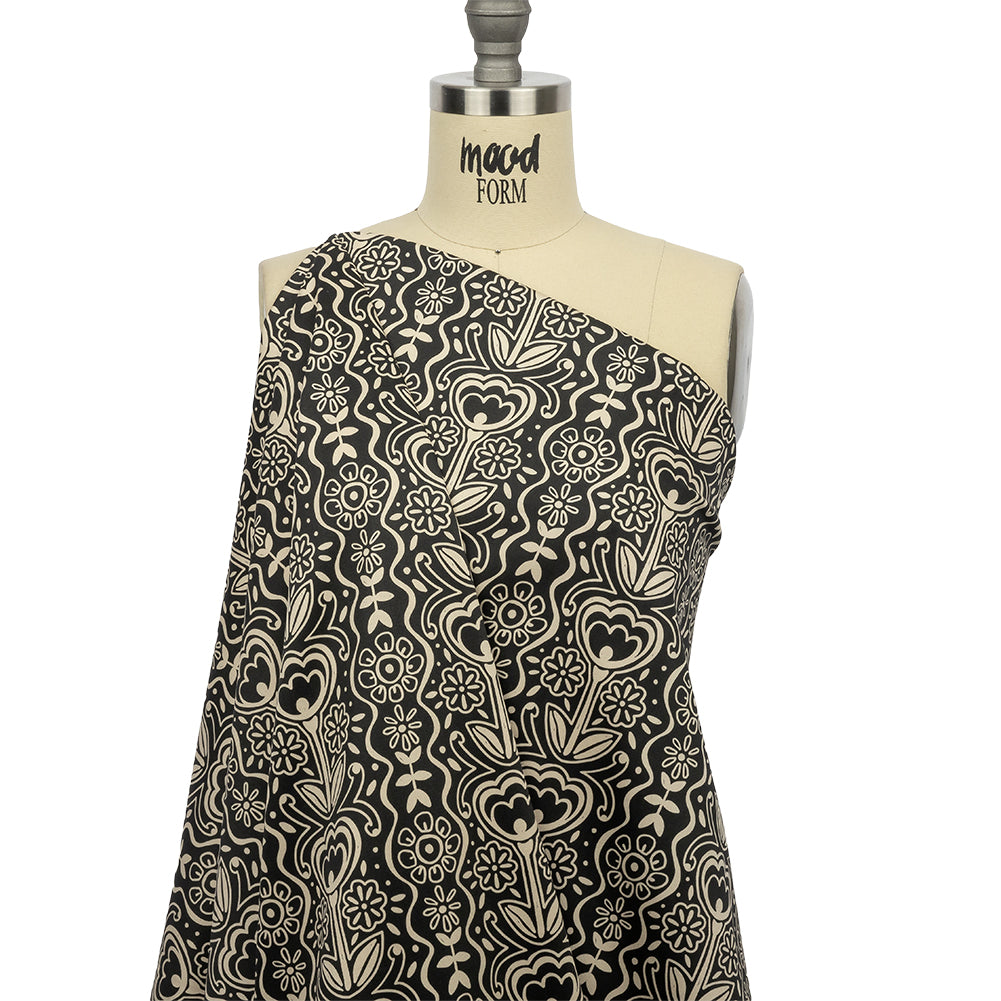 Stretch Cotton Sateen - Black and White Floral Rows - Park Avenue Print - Mood Exclusive Metro Collection - Drape
