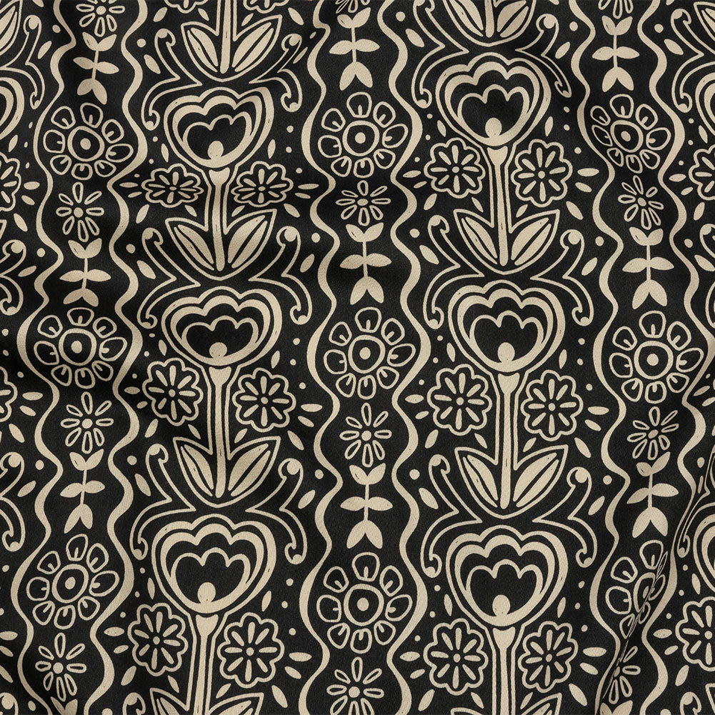 Stretch Cotton Sateen - Black and White Floral Rows - Park Avenue Print - Mood Exclusive Metro Collection