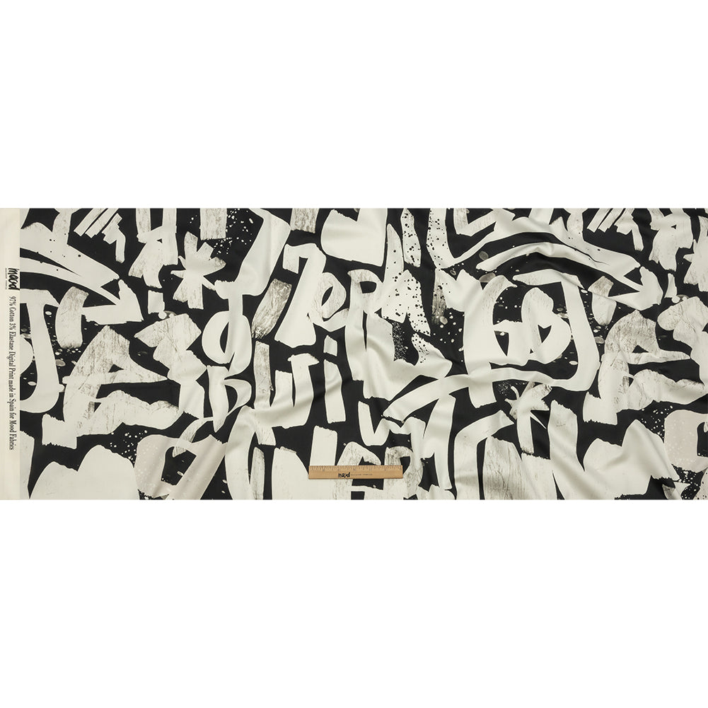 Stretch Cotton Sateen - Black and White Graffiti Letters - Wall of Fame Print - Mood Exclusive Metro Collection - Full