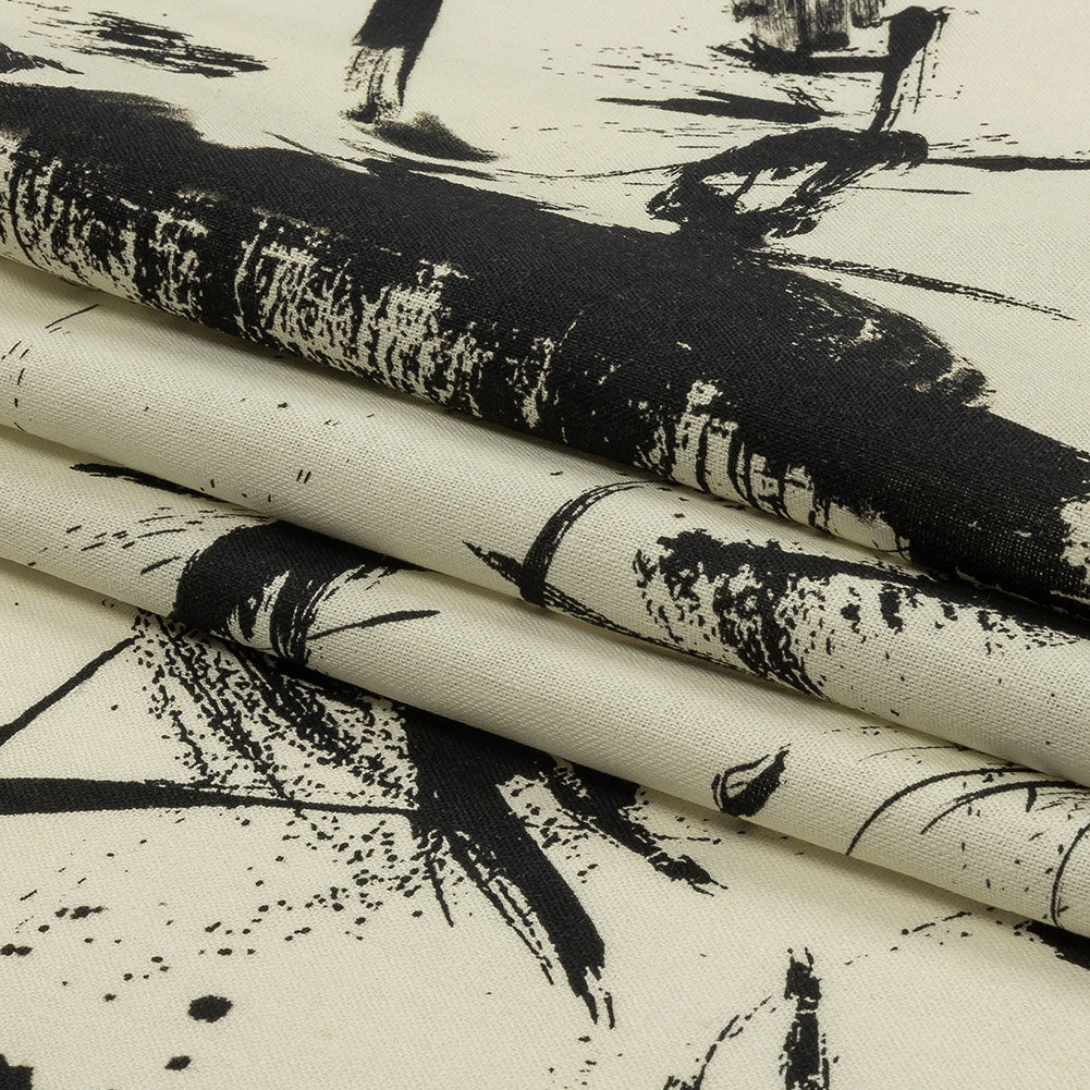 Linen and Rayon Woven - Black and Ivory Abstract - Subway Lines Print - Mood Exclusive Metro Collection - Folded
