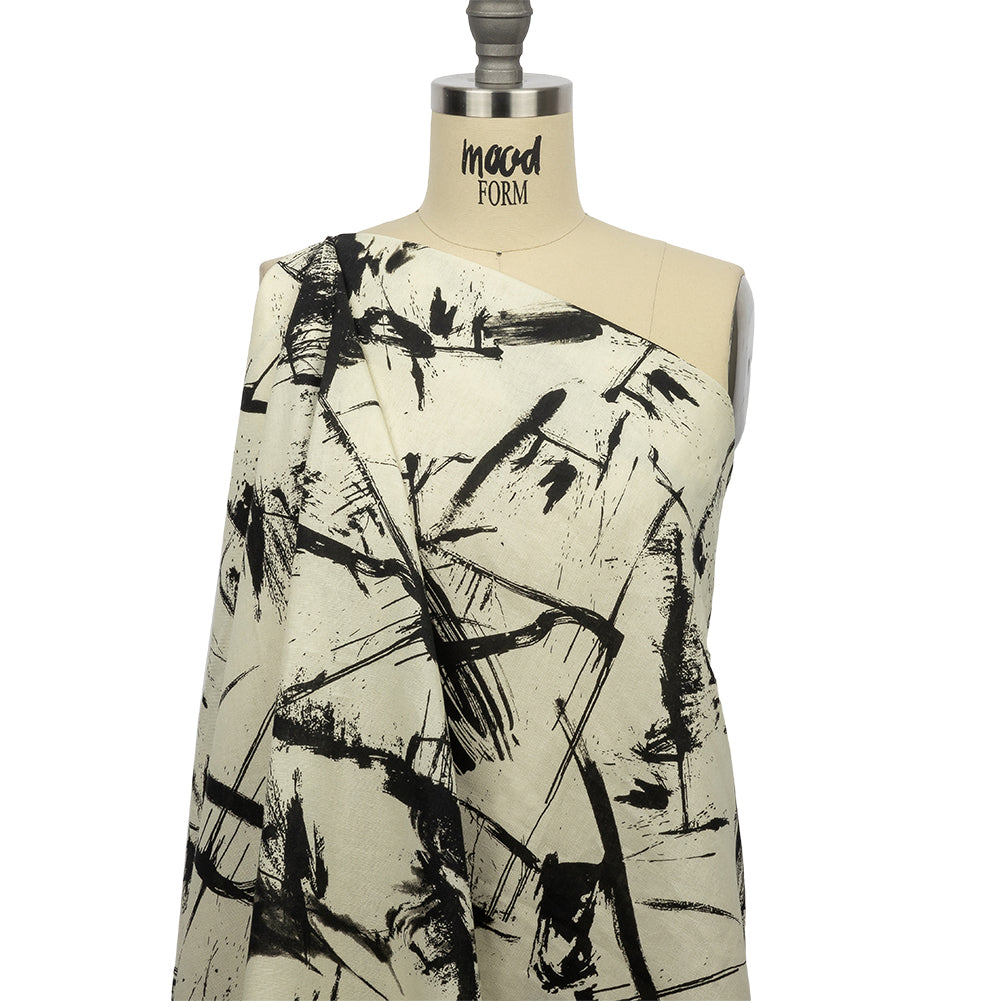 Linen and Rayon Woven - Black and Ivory Abstract - Subway Lines Print - Mood Exclusive Metro Collection - Drape