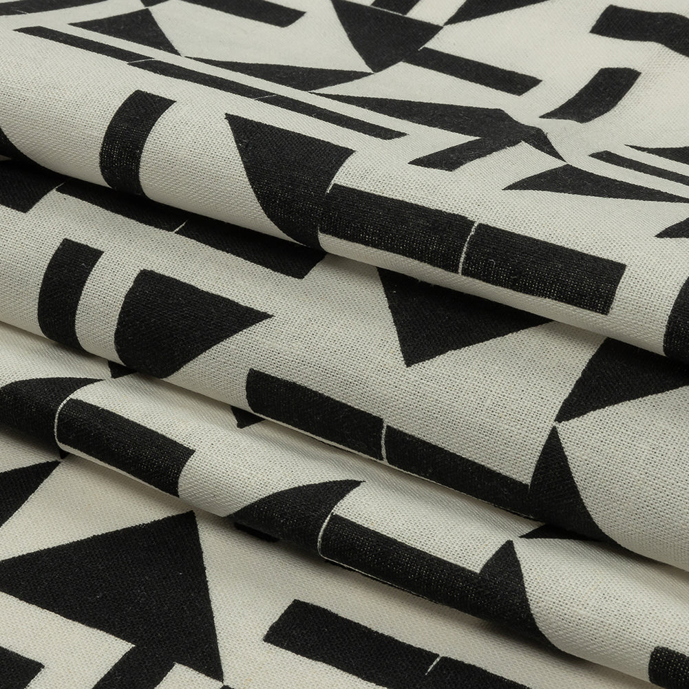 Linen and Rayon Woven - Black and White Geometric - Changing Trains Print - Mood Exclusive Metro Collection - Folded