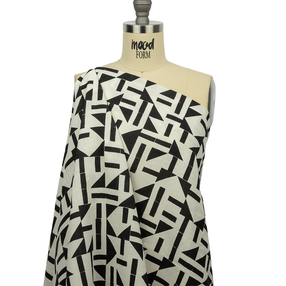 Linen and Rayon Woven - Black and White Geometric - Changing Trains Print - Mood Exclusive Metro Collection - Drape