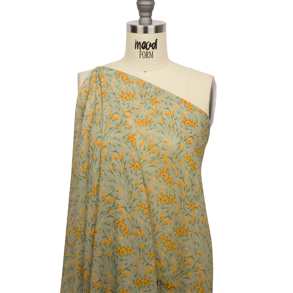 Viscose Georgette - Sage and Orange Floral - Dance with the Daffodils Print - Mood Exclusive Secret Garden Collection - Drape