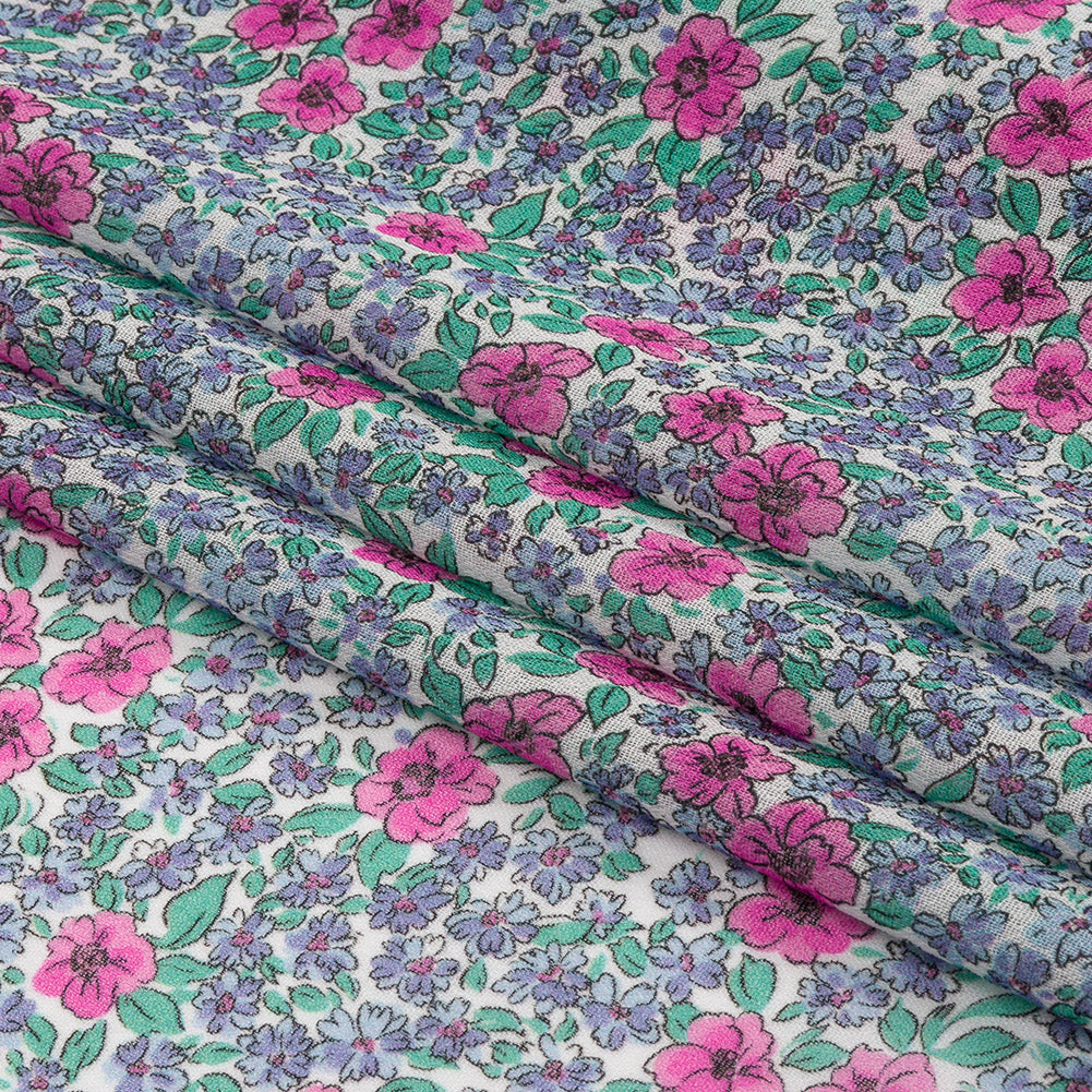 Viscose Georgette - Blue and Pink Floral - Springtime Saunter Print - Mood Exclusive Secret Garden Collection - Folded