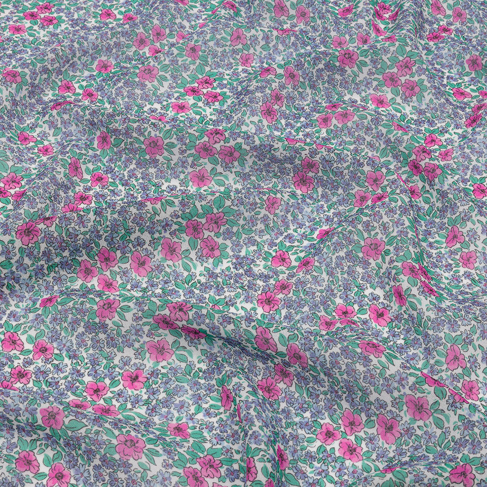 Viscose Georgette - Blue and Pink Floral - Springtime Saunter Print - Mood Exclusive Secret Garden Collection